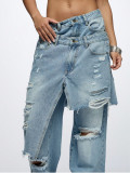 Fashion Denim Distressed Patchwork Loose Straight Trousers