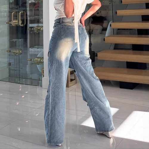 Fashion Hollow Buttoned Distressed Straight Loose Denim Trousers Jeans