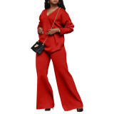 Solid Color Thickened Suede Sleeve Slit V Neck Two-Piece Set