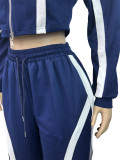 Striped Patchwork Contrast Color Zipper Lapel Top and Wide-leg Pants Set