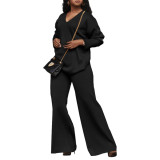 Solid Color Thickened Suede Sleeve Slit V Neck Two-Piece Set