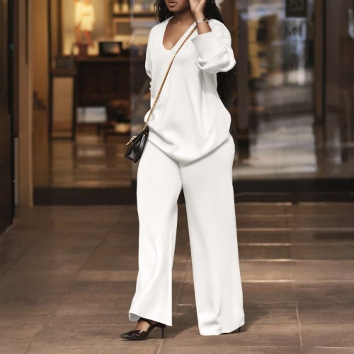Solid Color Thickened Suede Sleeve Slit V Neck Two-Piece Set