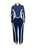 Striped Patchwork Contrast Color Zipper Lapel Top and Wide-leg Pants Set