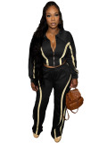 Striped Patchwork Contrast Color Zipper Lapel Top and Wide-leg Pants Set