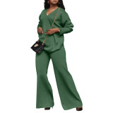 Solid Color Thickened Suede Sleeve Slit V Neck Two-Piece Set