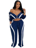 Striped Patchwork Contrast Color Zipper Lapel Top and Wide-leg Pants Set