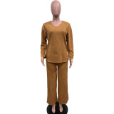 Solid Color Thickened Suede Sleeve Slit V Neck Two-Piece Set
