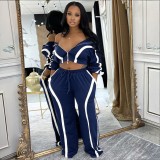 Striped Patchwork Contrast Color Zipper Lapel Top and Wide-leg Pants Set