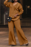 Solid Color Thickened Suede Sleeve Slit V Neck Two-Piece Set