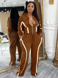 Striped Patchwork Contrast Color Zipper Lapel Top and Wide-leg Pants Set