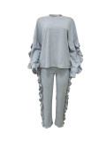 Casual Ruffled Long Sleeve Top Pants Set