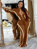 Striped Patchwork Contrast Color Zipper Lapel Top and Wide-leg Pants Set