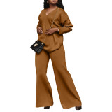 Solid Color Thickened Suede Sleeve Slit V Neck Two-Piece Set