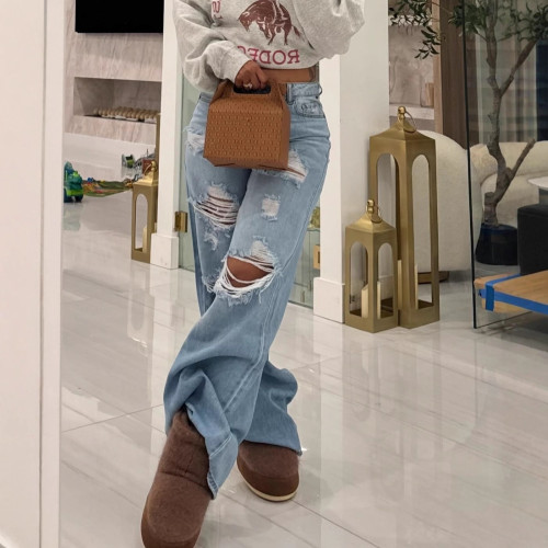 Hollow Buttoned Distressed Trousers Straight Loose Denim Jeans