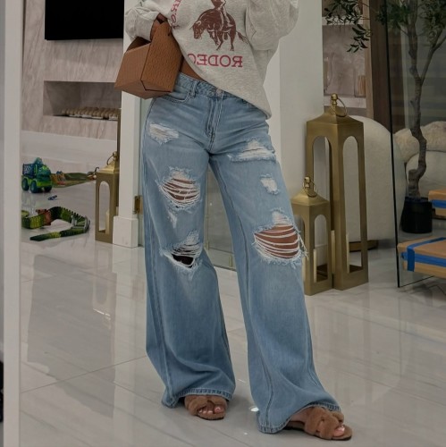 Hollow Buttoned Distressed Trousers Straight Loose Denim Jeans