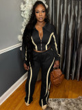 Striped Patchwork Contrast Color Zipper Lapel Top and Wide-leg Pants Set