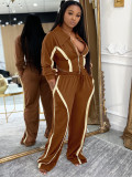 Striped Patchwork Contrast Color Zipper Lapel Top and Wide-leg Pants Set