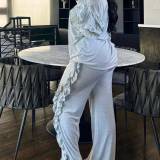 Casual Ruffled Long Sleeve Top Pants Set
