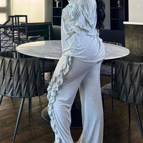 Casual Ruffled Long Sleeve Top Pants Set