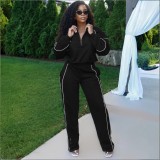 Contrast Line Half-Zip Sweatshirt Wide Leg Pants 2pcs Set