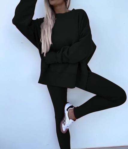 Fashion hoodie+pit stripe solid color set, casual commuting long sleeved long pants two-piece set