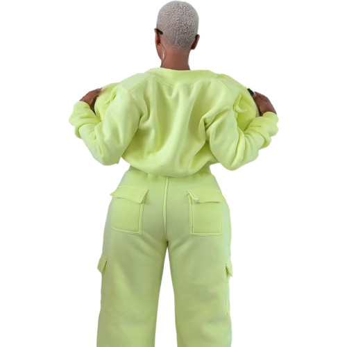 Plush hoodie, multi pocket pants, sports and leisure set, autumn and winter sportswear