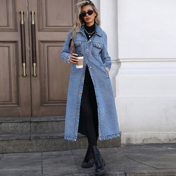 Western style denim long jacket, fashionable denim dress