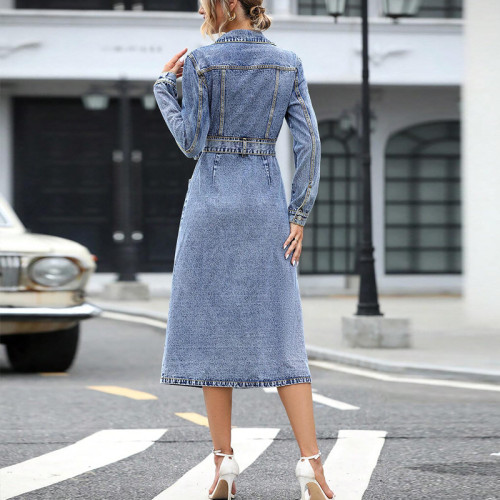 Autumn/Winter Korean long sleeved waist cinched denim dress
