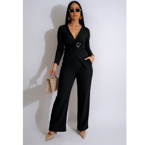 Elastic jacquard pleated V-neck waistband buckle, slimming and wide leg pants set
