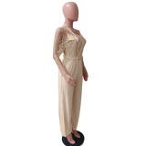 Mesh gold embroidered patchwork sexy jumpsuit (including belt)