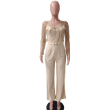 Mesh gold embroidered patchwork sexy jumpsuit (including belt)