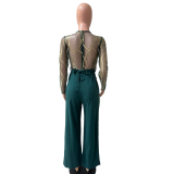 Mesh gold embroidered patchwork sexy jumpsuit (including belt)