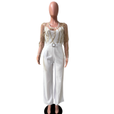 Mesh gold embroidered patchwork sexy jumpsuit (including belt)