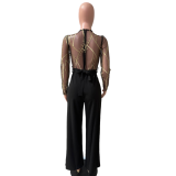 Mesh gold embroidered patchwork sexy jumpsuit (including belt)