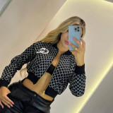 Fashion Print Embroidery Ribbed Long Sleeve Zipper Short Crop Jacket
