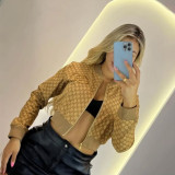 Fashion Print Embroidery Ribbed Long Sleeve Zipper Short Crop Jacket
