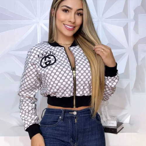 Fashion Print Embroidery Ribbed Long Sleeve Zipper Short Crop Jacket