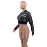 Fashion Print Embroidery Ribbed Long Sleeve Zipper Short Crop Jacket
