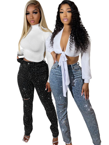 Hot stamping slim fit pocket with holes and frayed edges, jeans, pants