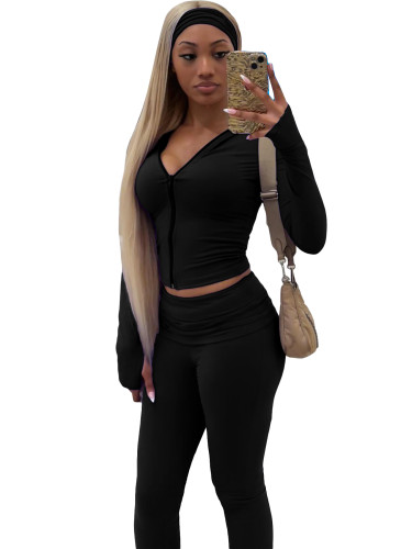 Zipper cardigan, fold over waist, micro trumpet and velvet two-piece set (including headscarf)