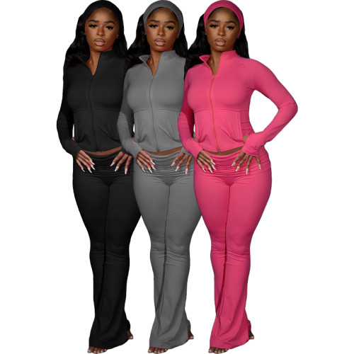 Thumb button top folding waist micro trumpet yoga two-piece set (including headscarf)