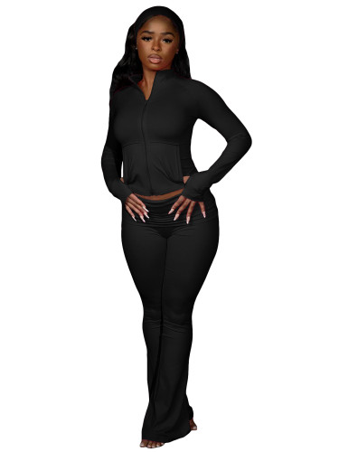 Thumb button top folding waist micro trumpet yoga two-piece set (including headscarf)