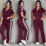 Autumn Women's Patchwork Thread Contrast Color Loose Short Sleeve Two-piece set