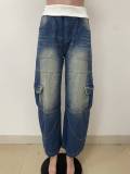 Fashionable denim distressed horse chestnut cut loose straight leg pants