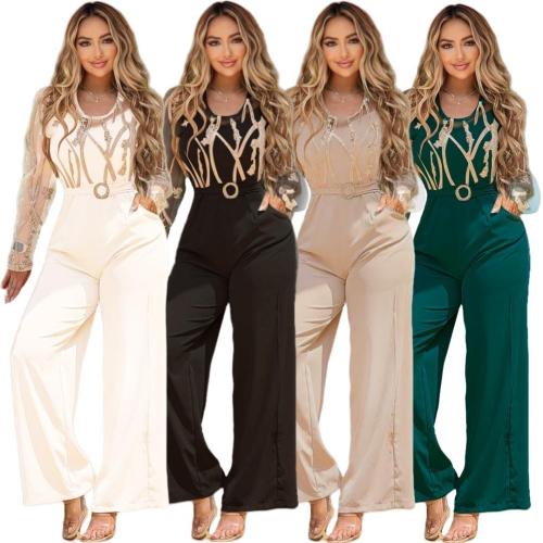 Mesh gold embroidered patchwork sexy jumpsuit (including belt)