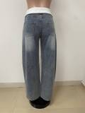 Fashionable denim distressed horse chestnut cut loose straight leg pants