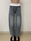 Fashionable denim distressed horse chestnut cut loose straight leg pants