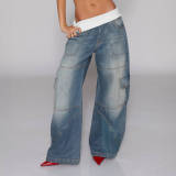 Fashionable denim distressed horse chestnut cut loose straight leg pants
