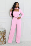 Fashionable V-neck, waist-binding, long-sleeved, pure-colored wide-leg jumpsuit