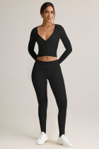 Double-knit V-neck sports fitness cardigan top for autumn and winter, slim-fitting, shows a slim silhouette, cropped, long-sleeved